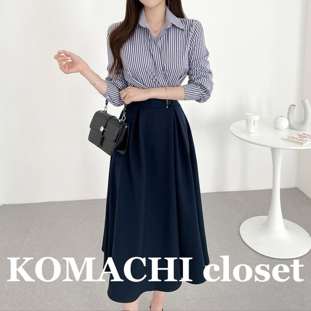 【送料無料】 ツーピース風ストライプシャツワンピース ストライプシャツワンピース シャツワンピース ストライプ ウエストマーク フェイクツーピース 韓国 レディース  大人 かっこいい きれいめ 高級感 高見え おしゃれ オルチャン 体型カバー お洒落 モテ 女っぽい 大人っぽい 上品 美人 エレガント オトナ女子 大人女子 主役級 存在感 スタイルアップ 入学式 入園式 卒業式 卒園式 大人可愛い こなれ感 ミモレ丈 通勤 オフィス オフィスカジュアル ビジネス OL ストライプ 美脚