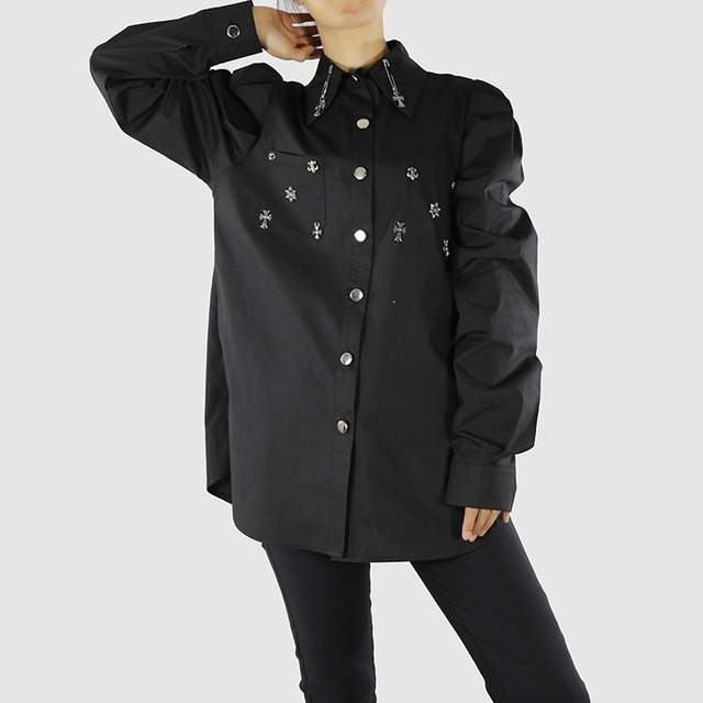 STUDS TRIMMED PUFFED SLEEVES SLIM SHIRT 2colors M-3827