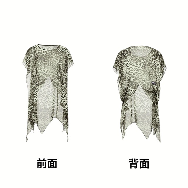 アシンメトリーヘム レオパード シースルー トップス 1col　D00452