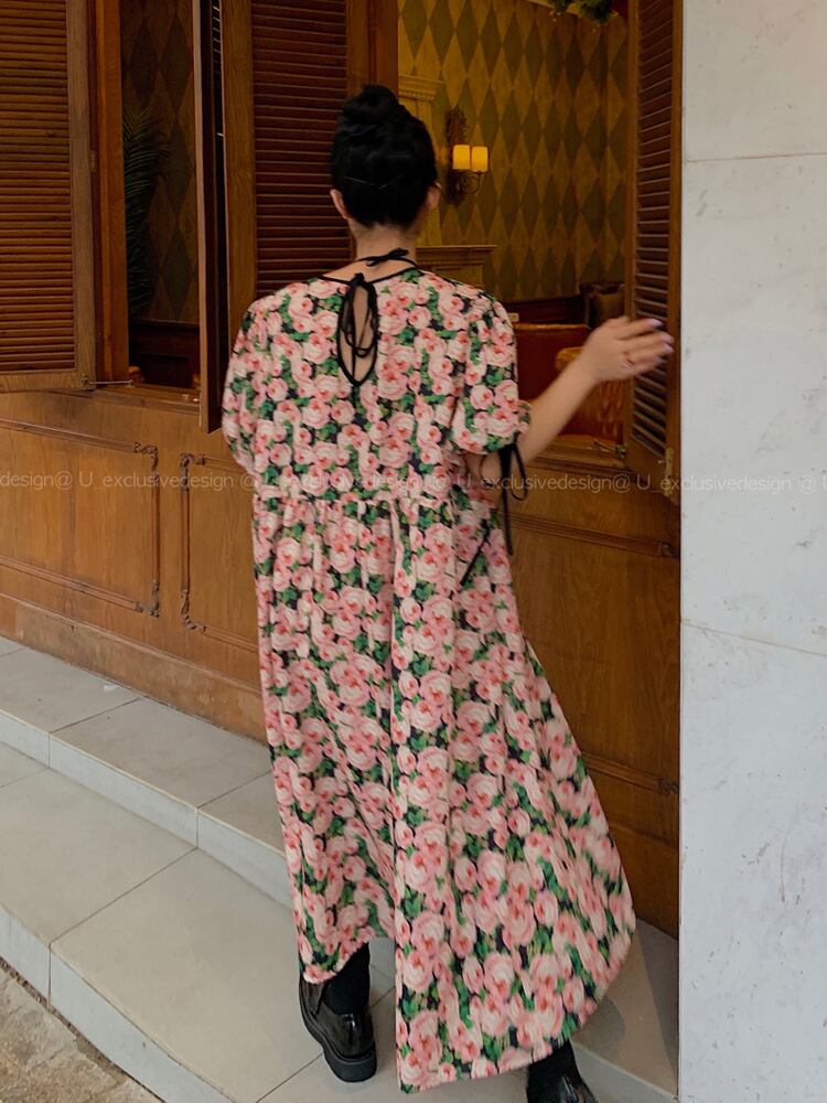 スタンダードフローラルスカート サイドレースラウンドネックスリーブドレス レディース レトロ 花柄 Oネック ビッグFスモールZ韓国44115883149