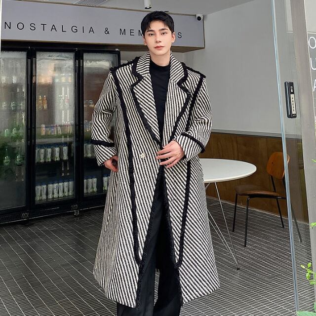 【予約販売】ロングコート オーバーサイズ ブラック 黒 ストライプ柄 パイピング モード シック シンプル 無地 防寒 お洒落 こなれ感 ベーシック 秋冬 M/L/XL