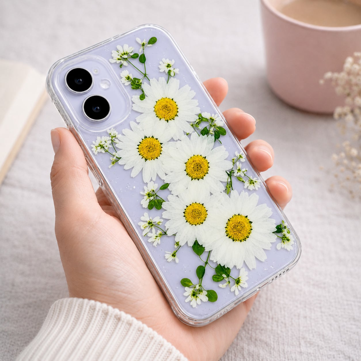 ほぼ全機種対応スマホケース】押し花スマホケース NO.514(ホワイト