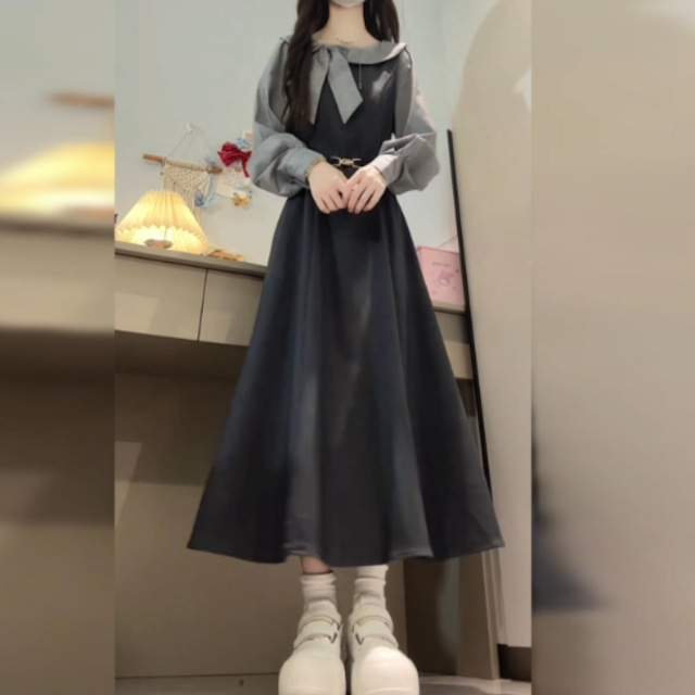 【送料無料】 ロングワンピ ミモレ 長袖 Aライン フレア プルオーバー リボン バイカラー エレガント 可愛い 大人可愛い きれいめ シンプル カジュアル シック コンサバ 華やか 大人 上品 おしゃれ お洒落 主役級 こなれ感 高見え 無地 春 秋 レディース 女性用 30代 40代 デート お出かけ 女子会 お呼ばれ 休日 お茶会 授業参観 普段使い ファッション コーデ スタイル 楽ちん 体型カバー 美脚 脚長 定番 着痩せ 垢抜け ママ服