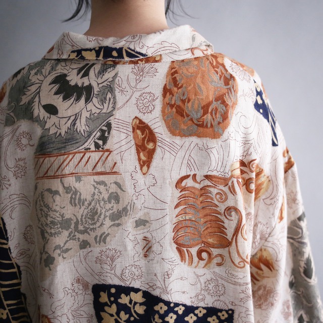 multi flower art pattern fry-front over size h/s shirt