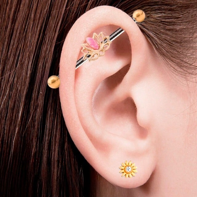 インダストリアル ボディピアス 14G 2WAY オパール蓮モチーフ ロング