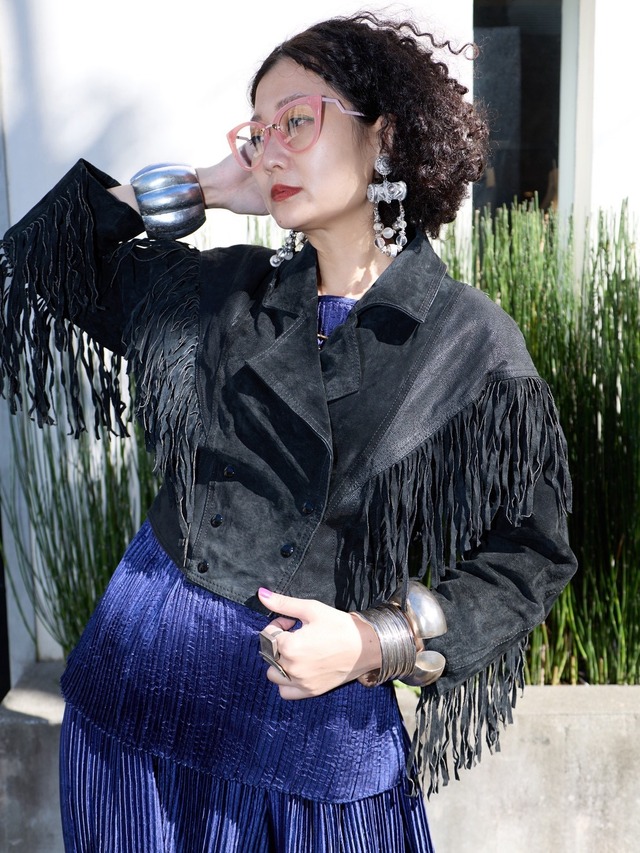 80s black leather fringe jacket