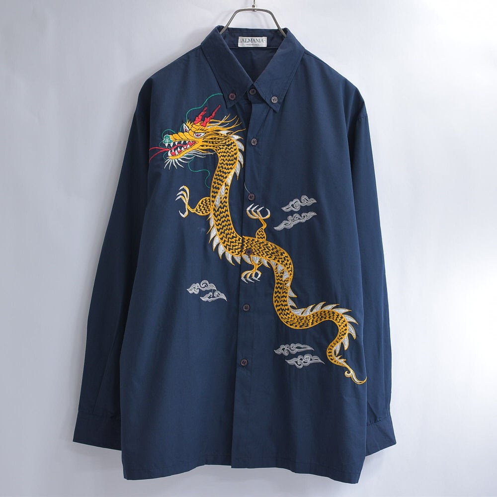 90～00s ALMANIA 昇り龍 ドラゴン 刺繍 デザイン ボタンダウン