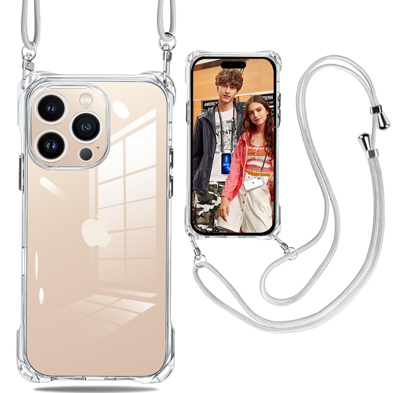 weiaoluo iPhone 16 pro max ケース クリア スマホ カバー可能 調節可能 なショルダー クロスボディネックレス TPU アイフォン16 pro maxケース 携帯 取り外し ル付き ワイヤレス充電対応クリアカバー ショルダー 耐衝撃 クリア 薄型 軽量 肩がけ 首掛け 紐付きバンパー カバー ストラップ付き ストラップホール付き ケース 透明(クリア)【縄掛け-グレー】