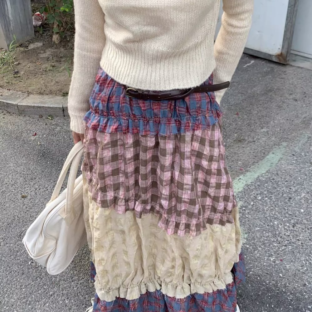 パープル系チェック柄ティアードロングスカート パッチワーク風