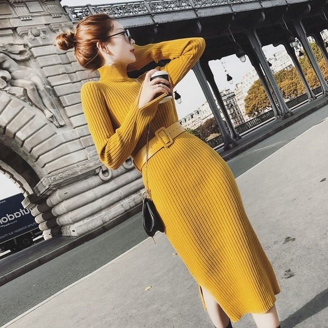 【送料無料】3色 ニットワンピース リブ ベルト付き ハイネック スリット Aライン 長袖  切り替え タイト ミモレ丈 可愛い カジュアル シンプル かわいい おしゃれ お洒落 こなれ感 エレガント フェミニン 主役級 存在感 レディース スタイルアップ 冬 秋 10代 20代 30代 デート 女子会 休日 着回し 普段使い 韓国系 ファッション コーデ スタイル モテ トレンド インスタ映え ワンサイズ  ガーリー コーデ  イエロー ブラウン ブラック スリム セーター  db4172