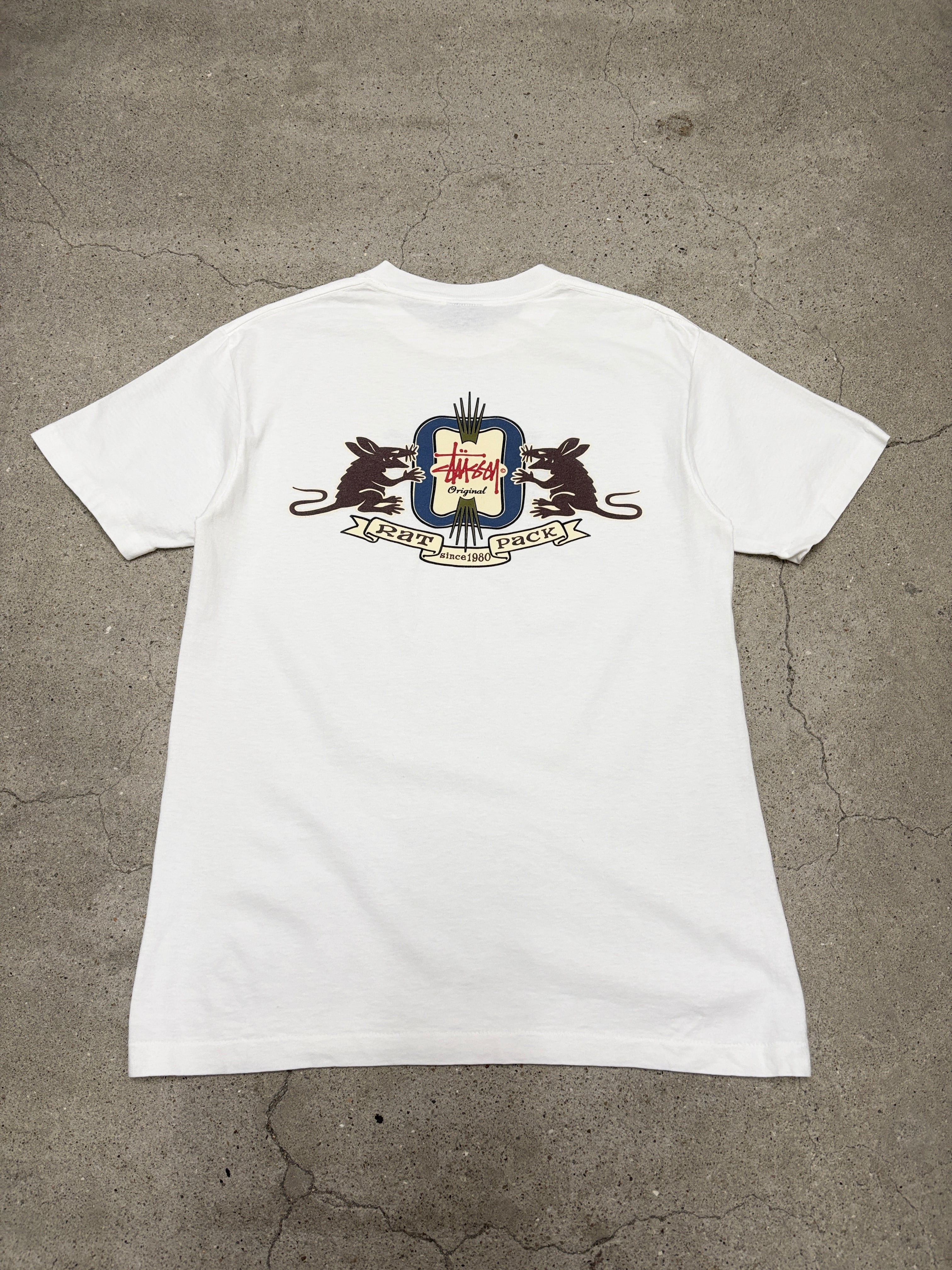90s OLD STUSSY/Rat pack print Tee/USA製/紺タグ/M/ロゴプリントT