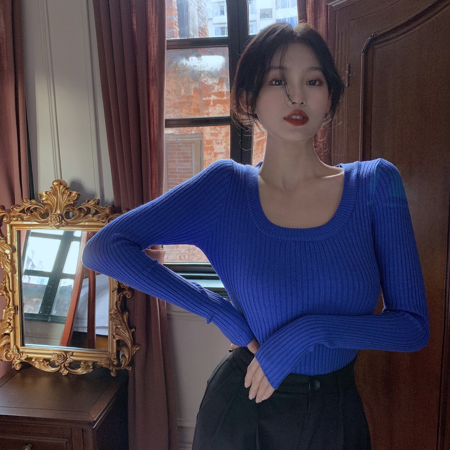 オータムラウンドネックプルオーバー スリムシャツ ロング 秋物 Oネック YY-ファッション10243941584