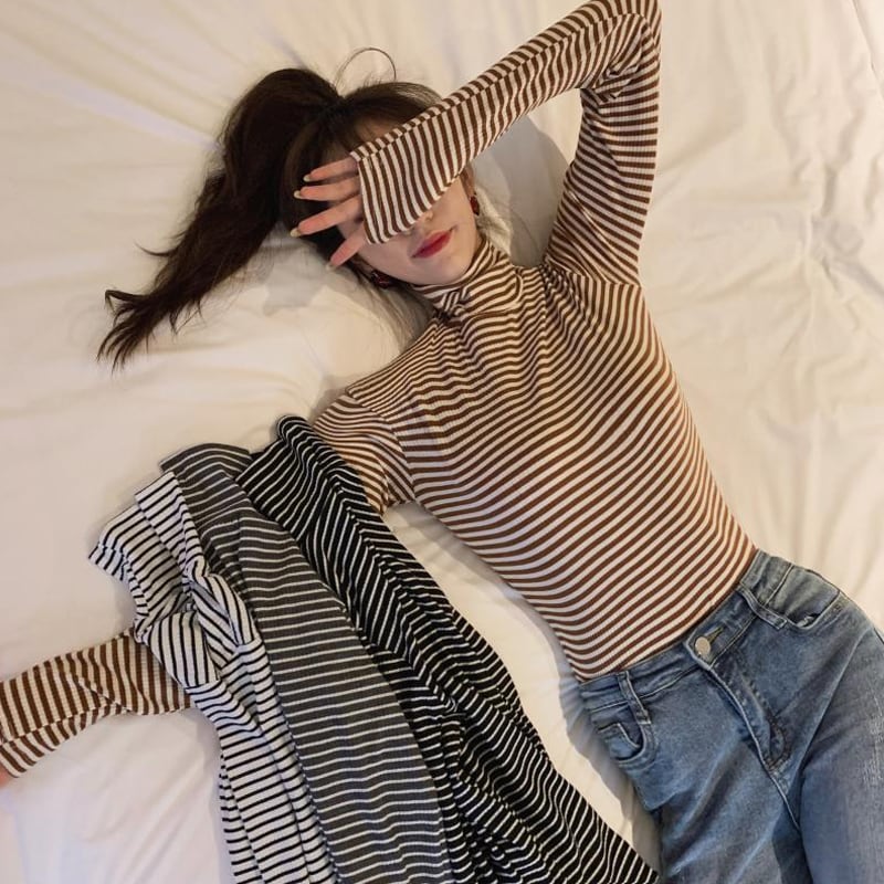 スプリングオータムスリムフィットカラーストライプトップス シャツ Tシャツ ロング 春物 秋物 スーパーモール63403946005