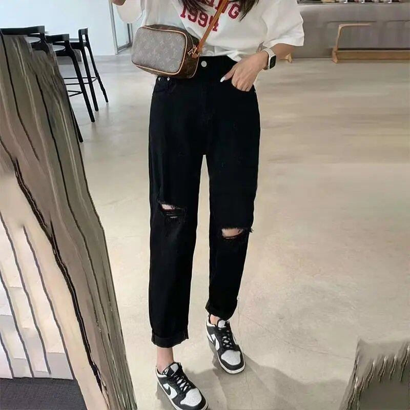 ハイウエスト ダメージ スキニー ジーンズ レディース 夏 薄手 ゆったり 伸縮性 プラスサイズ ブラック ナインポイント ストレートパンツ 小柄な体型向け