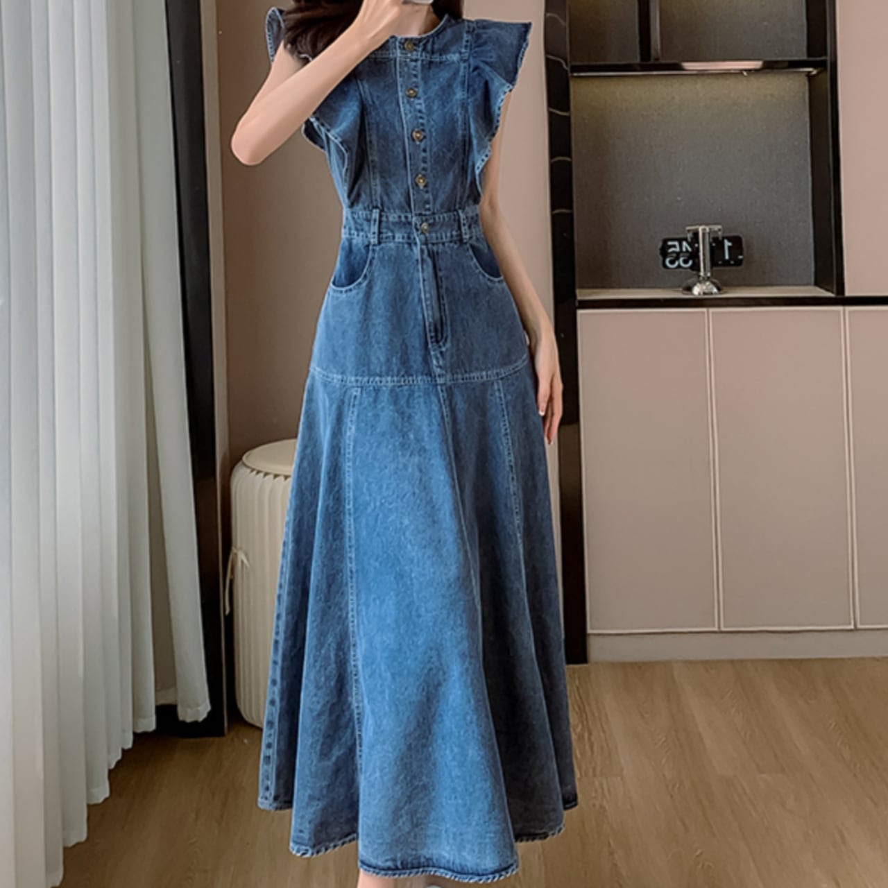 フリルスリーブ デニム フレア ワンピース W75