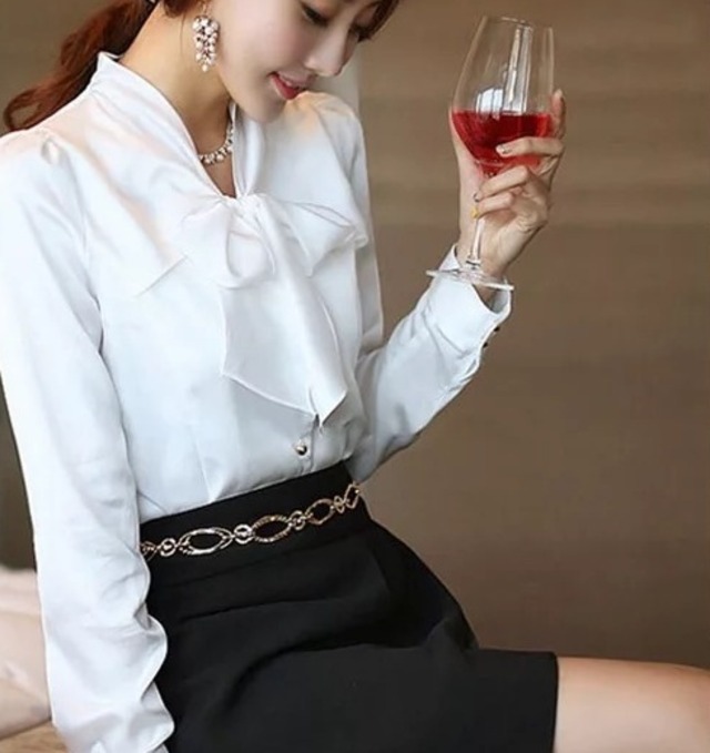 リボンタイ Vネック 長袖 ミディアム丈 ブラウス スリム 5色 トップス 袖あり リボン 白 ホワイト 黒 ブラック 紫 パープル ベージュ ワインレッド かわいい きれいめ シンプル 大人 上品 おしゃれ お洒落 かっこいい 大人可愛い 大人女子 ラブリー キュート ガーリー クール セクシー エレガント 無地 春 夏 秋 冬 10代 20代 30代 40代 50代 レディース オフィス ビジネス OL 通勤 学生 通学 デート お出かけ 着回し 普段使い 重ね着 韓国 韓国系 オルチャン