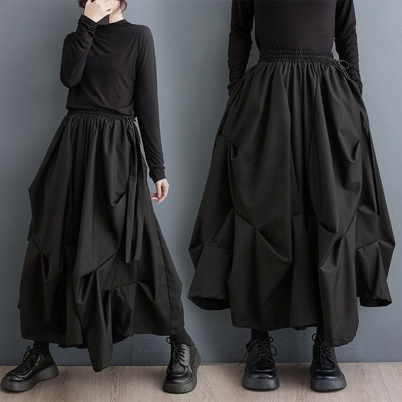 PLEATED HIGH WAIST WIDE LEG DRAPED SKIRT PANTS M-18783