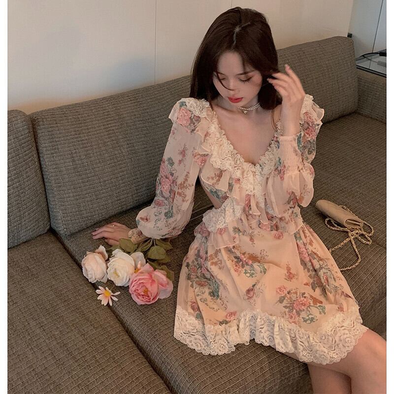 レース薄手フローラルドレス サマーVネックスカート ロング 夏物 花柄 ピュア ステッチ ガールズファッション42416636924