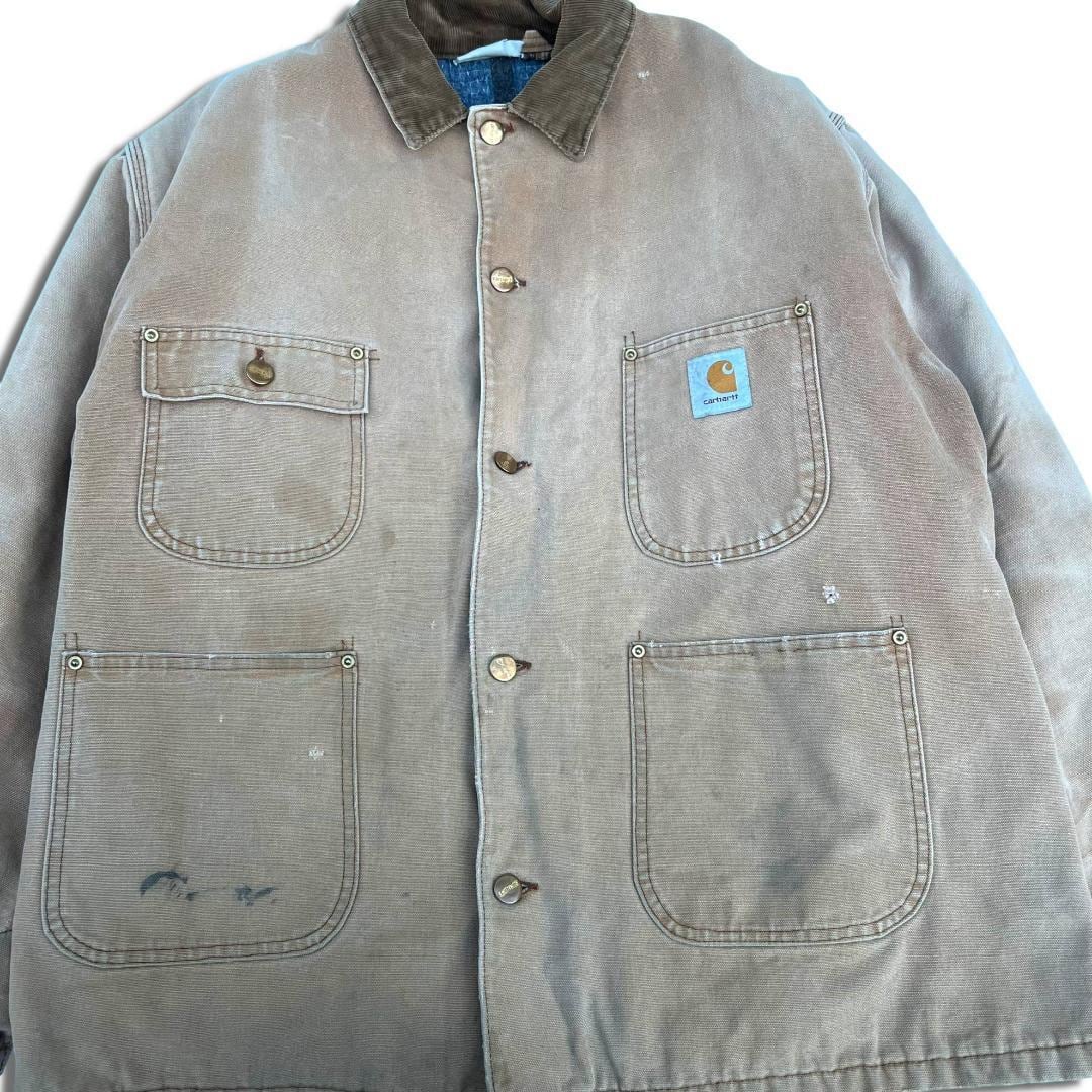 80s-90s USA製 カーハート ダック カバーオールジャケット Lくらい ベージュ Carhartt US規格 チョアコート ストリート  スケーター 古着