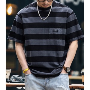 ボーダー柄 ラウンドネックポケットTシャツ 2カラー 11057