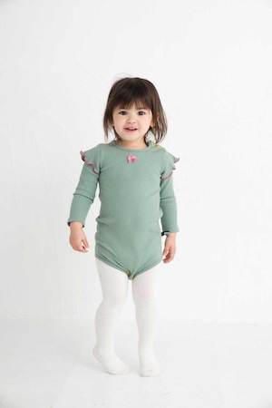 【24AW】KOQUELIKO(コキュリコ)Frill baby body moss green(XS/S)ロンパース リブ