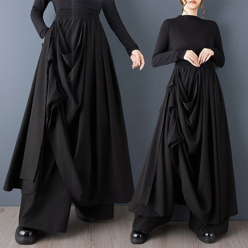 ASYMMETRIC LAYERED DRAPED WIDE LEG PANTS M-18782