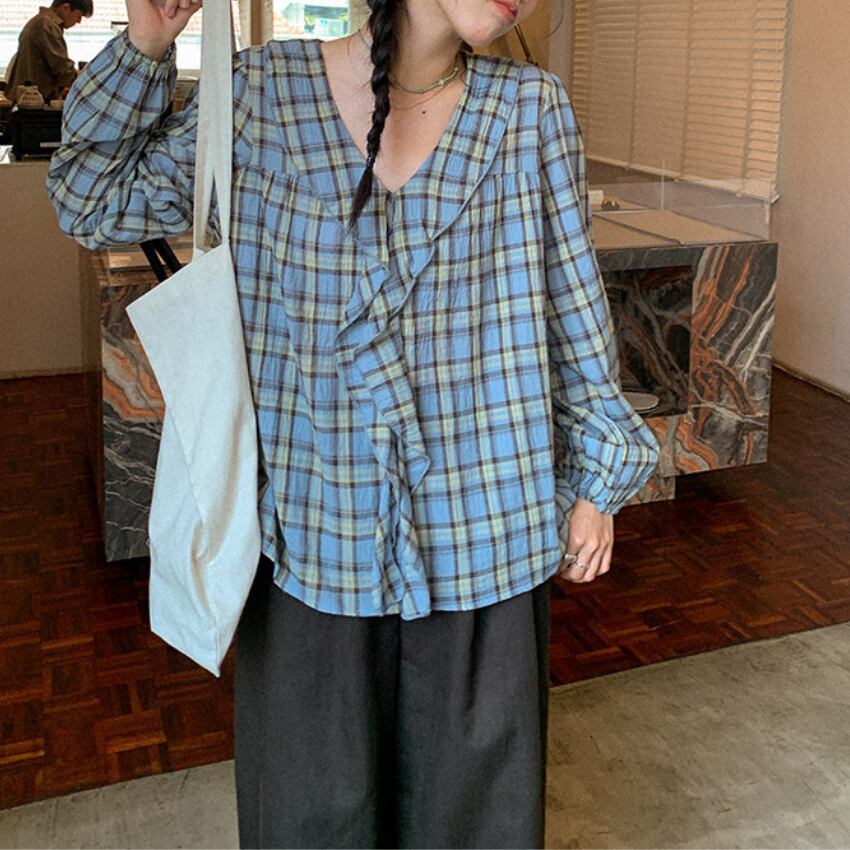 frill check blouse　J00485