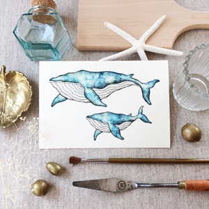 ポストカードサイズ クジラの親子 アートプリント/イラスト複製画