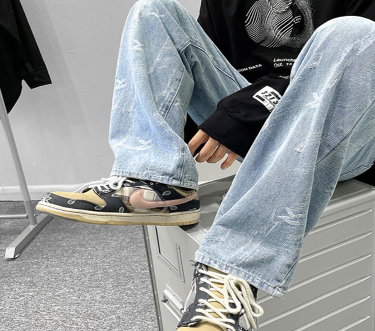 【韓国ファッション】ジャガードジーンズ ストリートカジュアルパンツ ワイドレッグロングパンツ