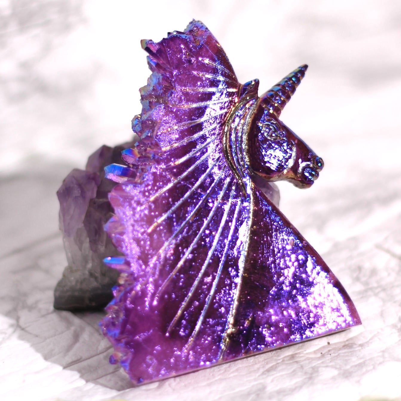 ピンクアメジストブルーアゲートユニコーン大天然石置物オブジェ