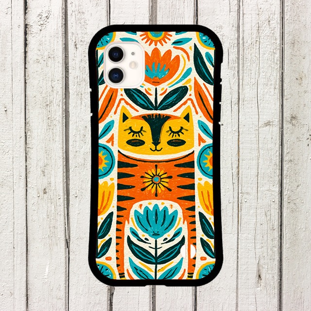 受注生産 iPhoneケース 猫の顔と花のサイケ民芸｜猫モチーフ PSYF036A
