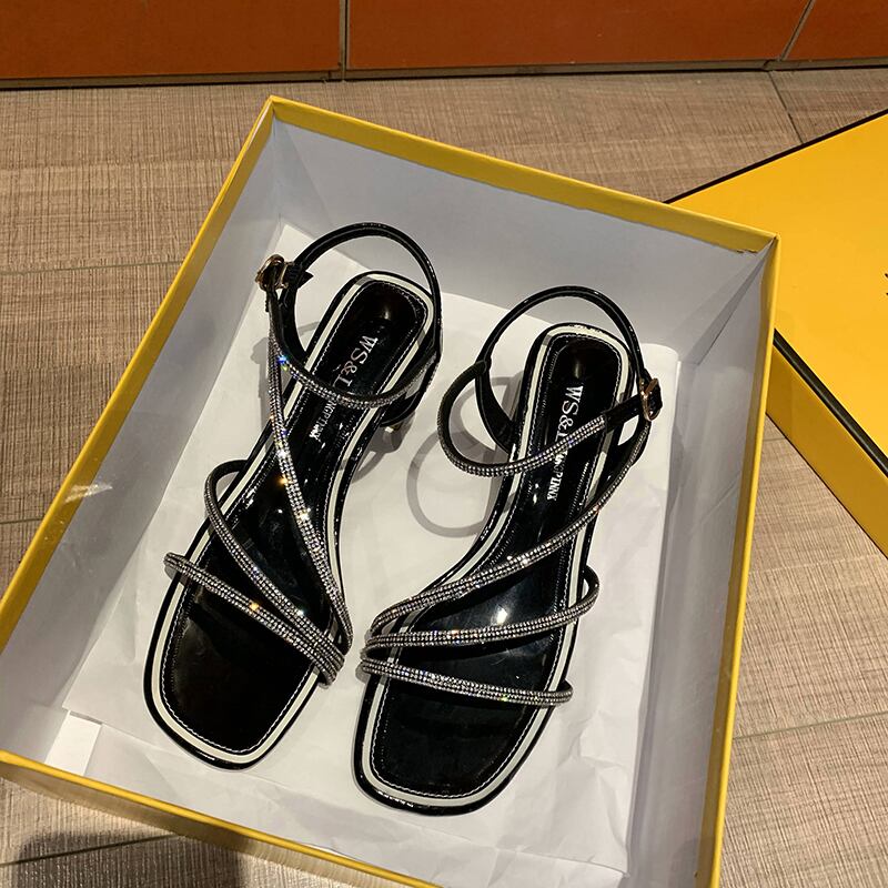 サンダルスタイルサマーラインストーンベルト ヒール ハイヒール 靴 シューズ 夏物 ハーネス スクウェア フェイクシューズ33146586099