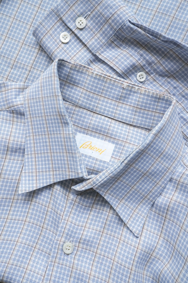 90's "Brioni" Cotton Jacquard Check Pattern Regular Collar Shirt Made in ITALY
