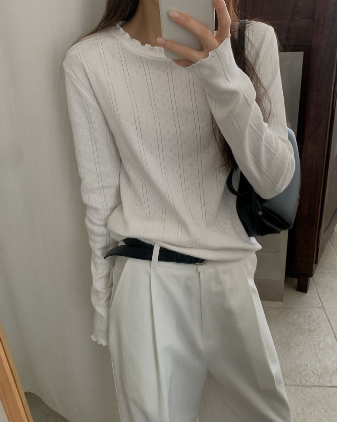 透かし編みリブロングスリーブトップス