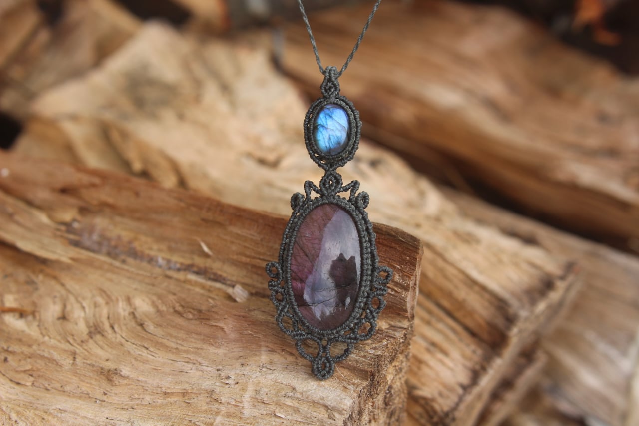 Purple Labradorite & Labradorite micro macrame pendant