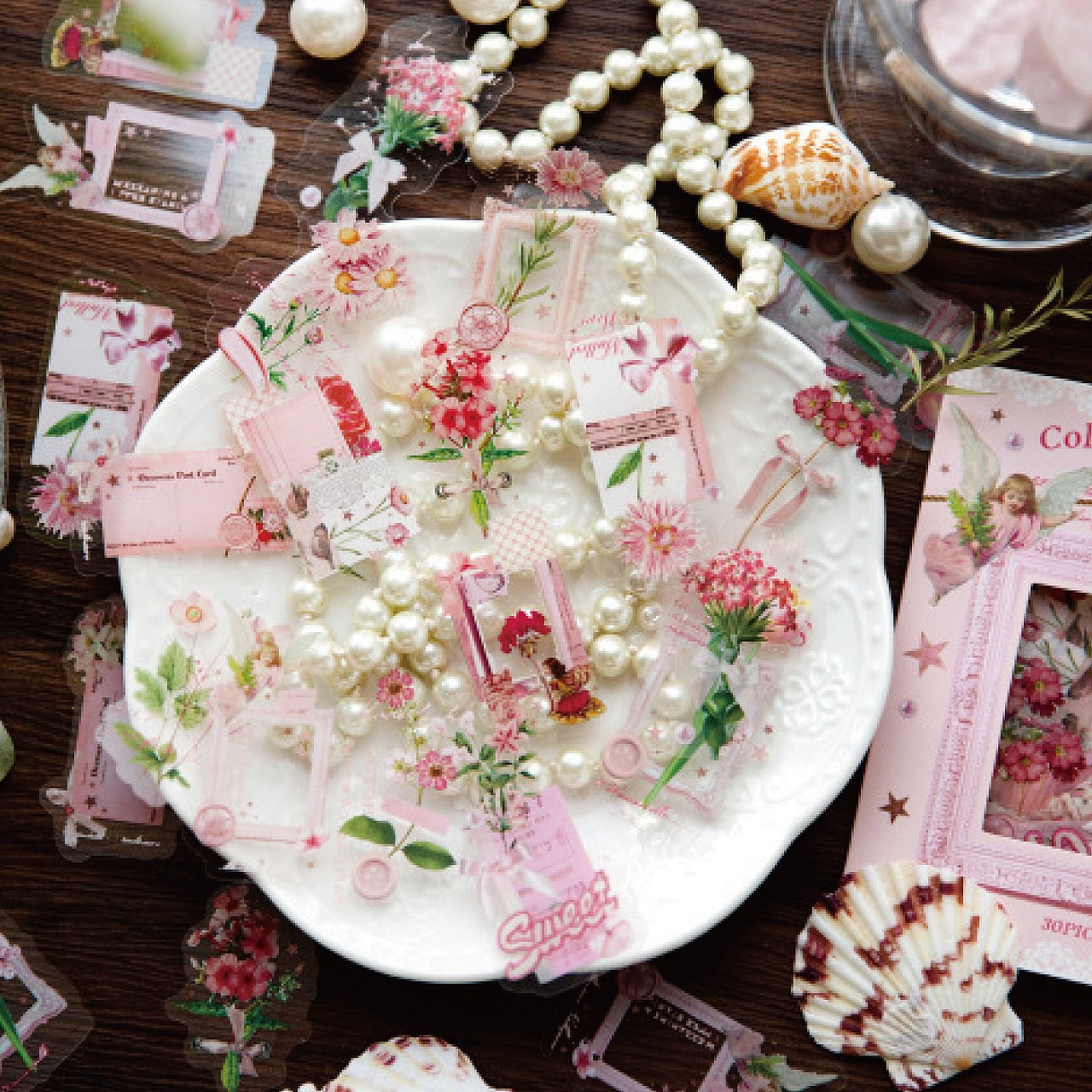 コラージュ素材 ステッカー シール 全4種 30枚入 ピンク 花 緑