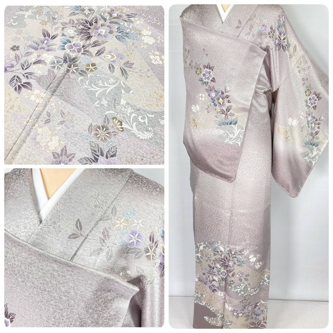 未使用 京友禅 本金箔 唐花 訪問着 袷 正絹 紫 グレー 白 1165 | kimono Re:和 [online store] キモノリワ 着物 帯