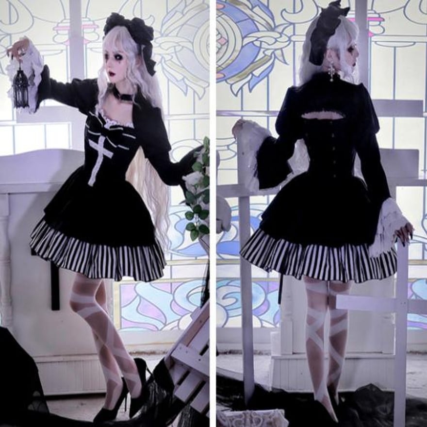 SEASONZ ゴスロリ ワンピ 堕天使 ストライプ柄 クロス十字 病み可愛い