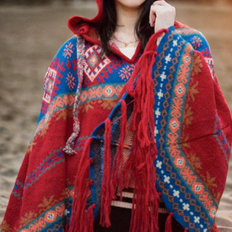 Red Nordic Hooded Fringe Poncho S0202