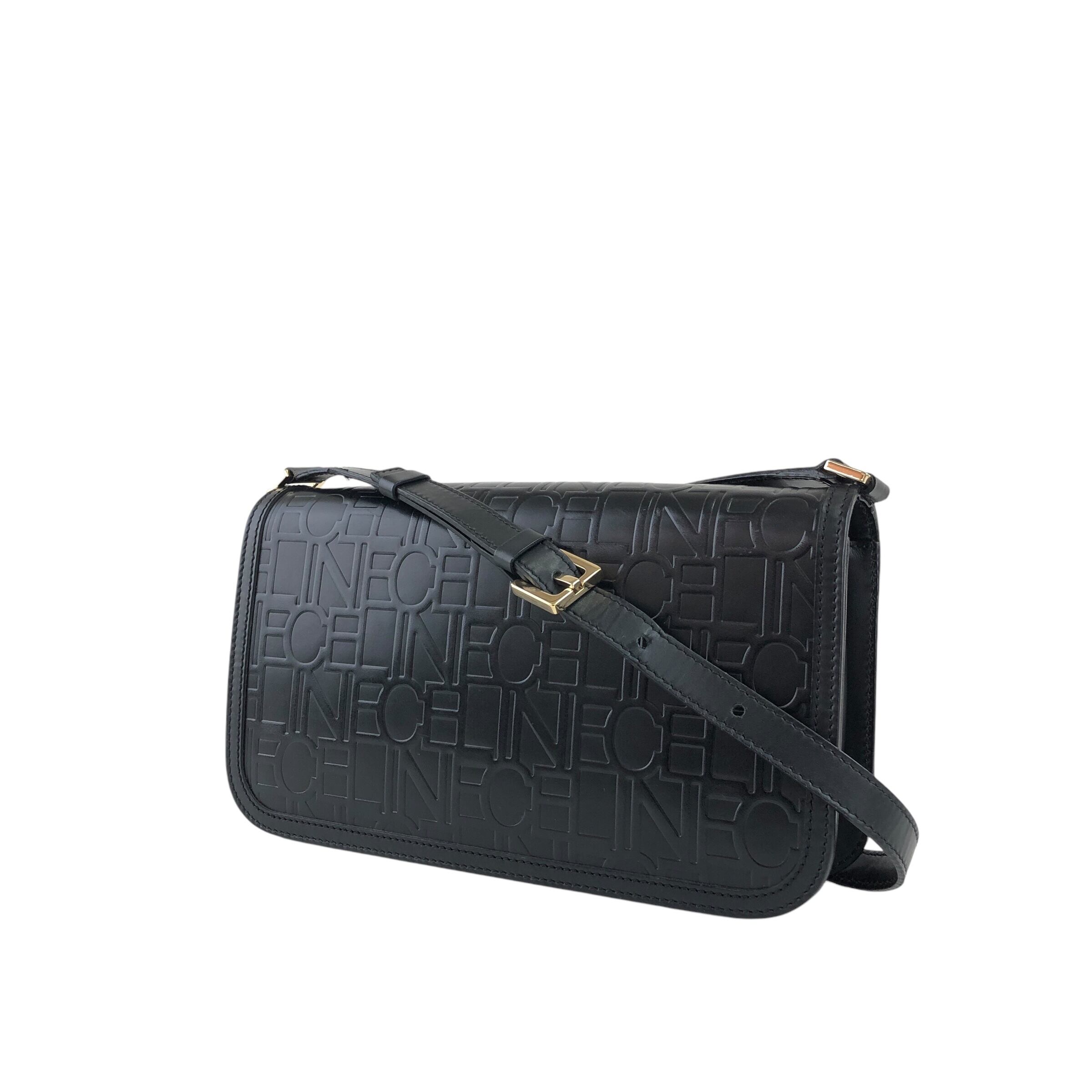 CELINE セリーヌ ♥ショルダーバッグ CELINE セリーヌ ショルダーバッグ ブラック ロゴ 型押し レザー ミニ
