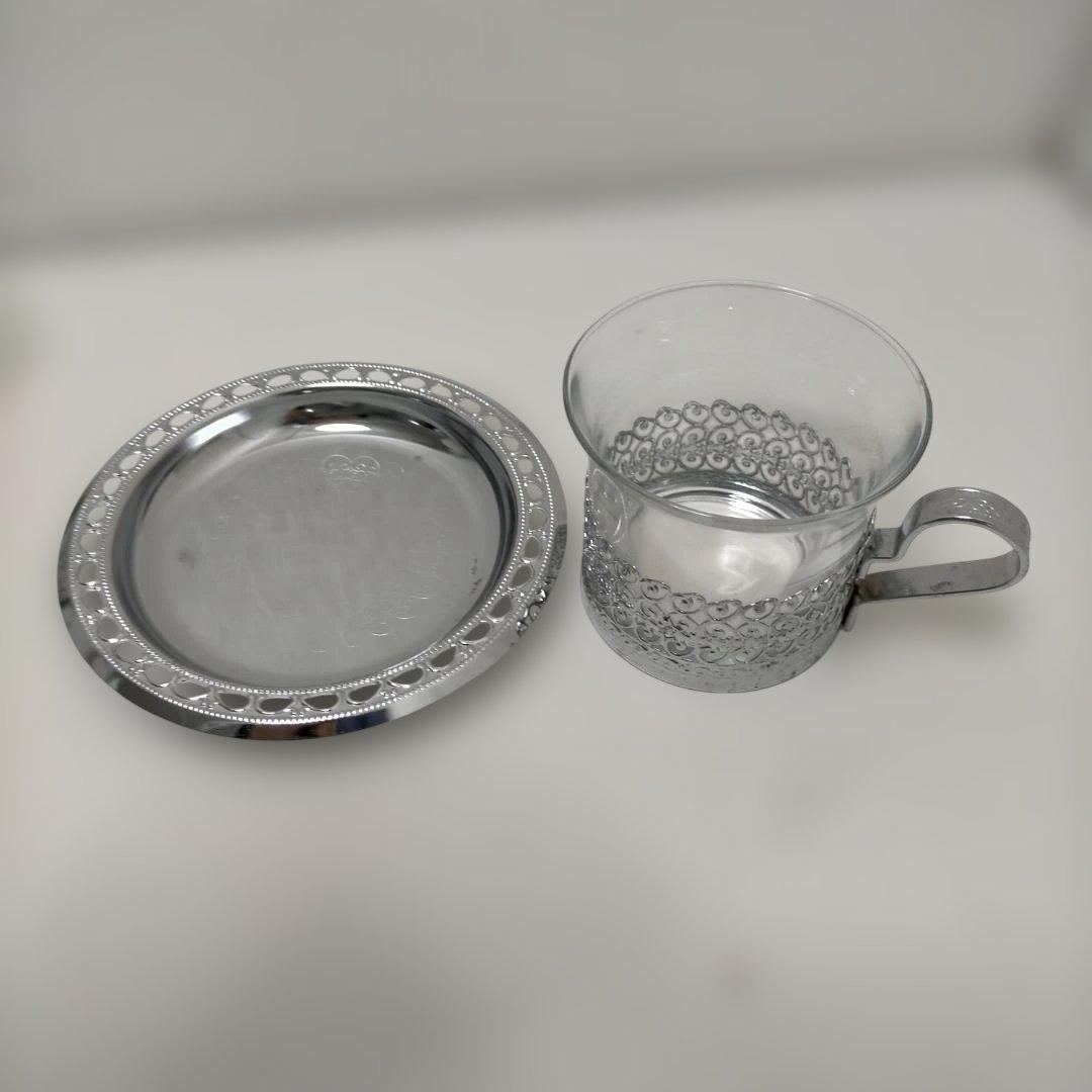ガラス カップ＆ソーサー 5客セット シルバー装飾 耐熱 260115-6T
