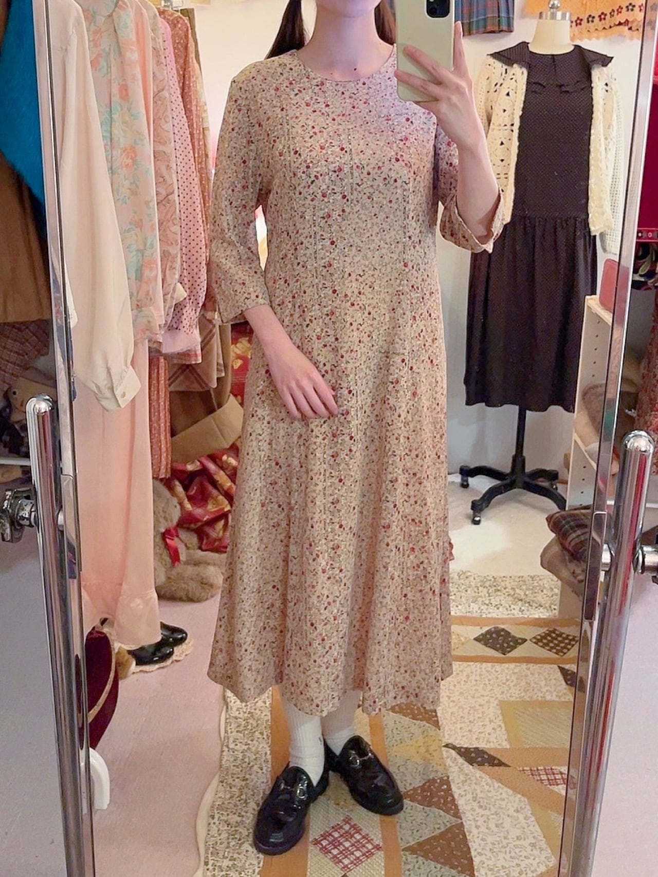 flower dot line slit cuff one-piece