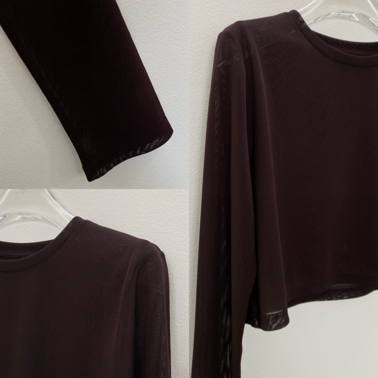 crew neck tulle sheer short tops/brown
