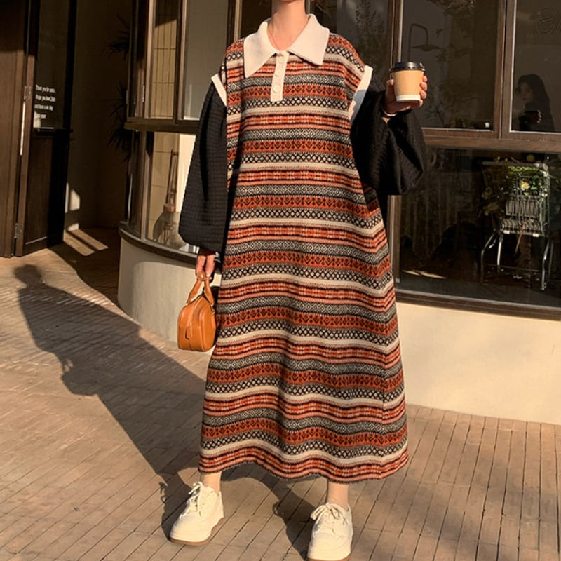 Fair Isle Polo-Collar Layered Maxi Knit Dress S0331