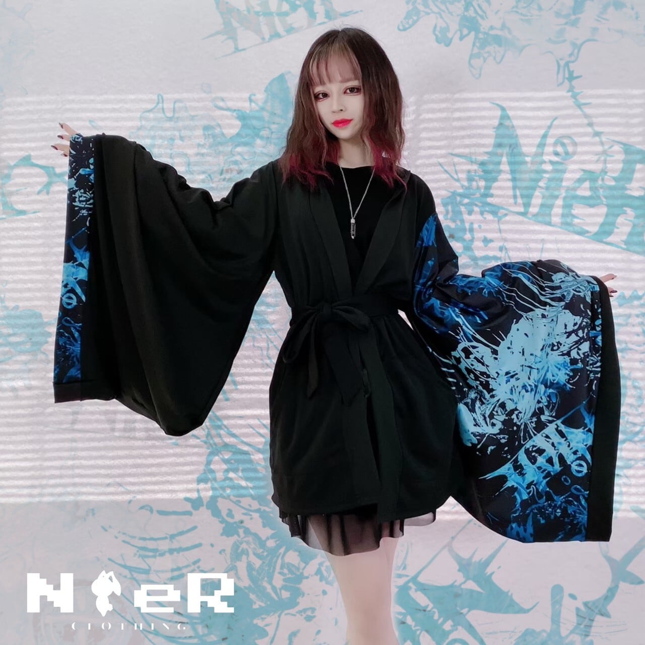 ベルト付き着物袖 法被風OUTER【彼岸花水色】 | NIER CLOTHING powered by BASE