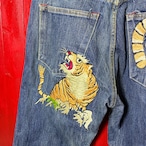 USA製PREMIUM DENIM 虎刺繍デニムパンツ ボタンフライ 赤耳 濃紺