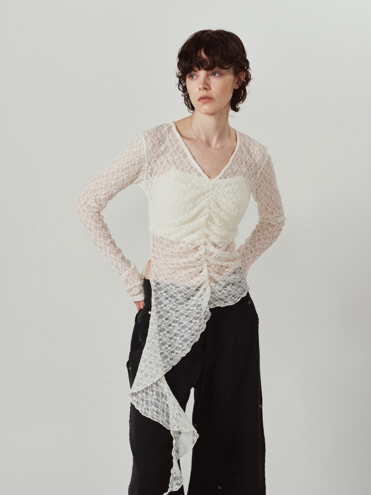 Lace Gathered Top / WHITE - 8