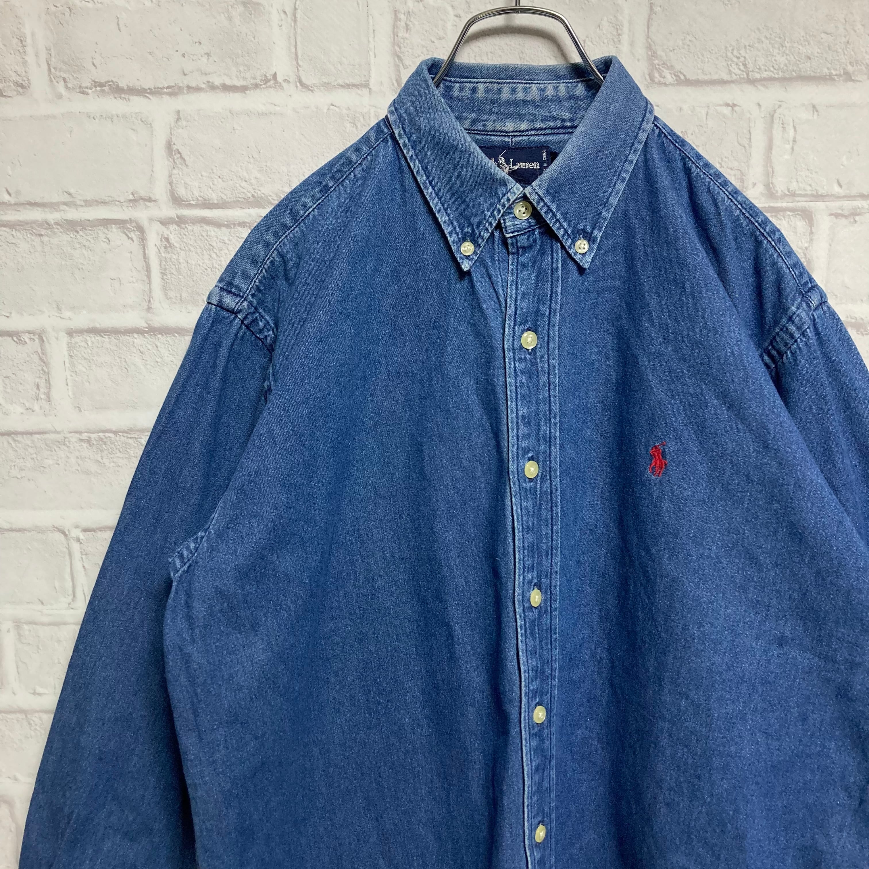 Ralph Lauren】L/S Denim Shirt M USA規格 L-XL相当 90s ポニーロゴ 赤