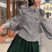 花影ギンガムが咲く物語パフスリーブシャツ《W0221》