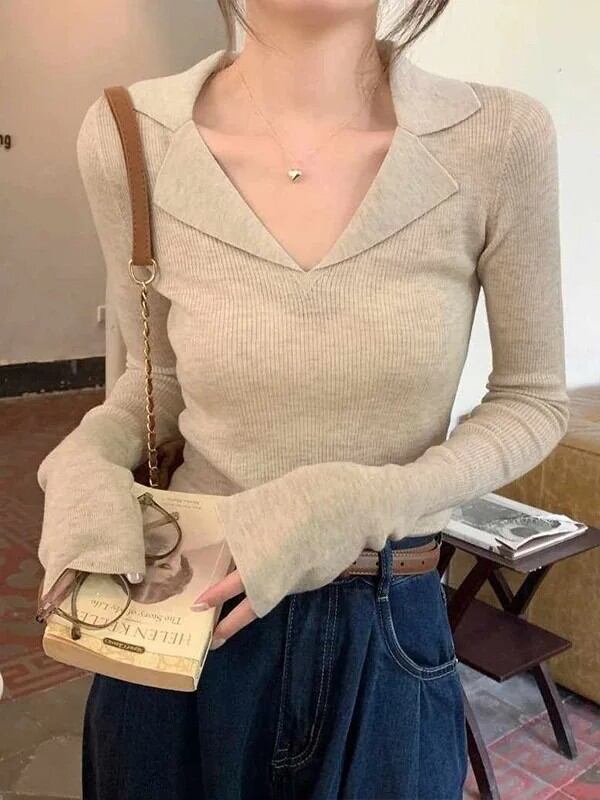 レディース ニットセーター 長袖 Vネック スリムフィット 無地 韓国風